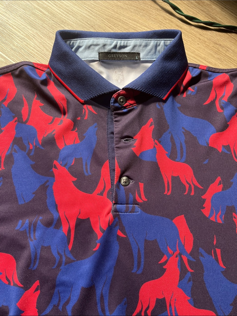 Greyson Navy Polo with Red & Blue Wolf Motif